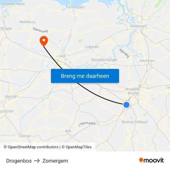 Drogenbos to Zomergem map