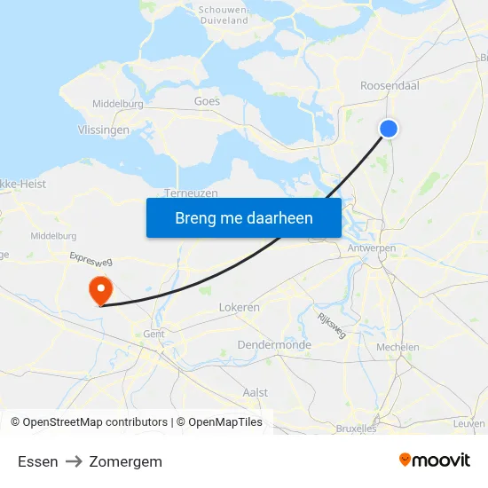 Essen to Zomergem map