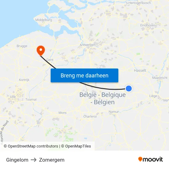Gingelom to Zomergem map
