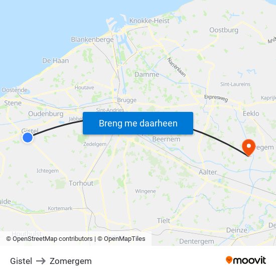 Gistel to Zomergem map