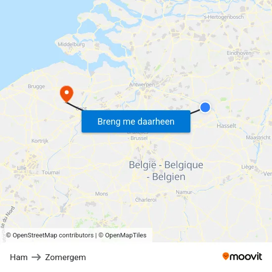 Ham to Zomergem map