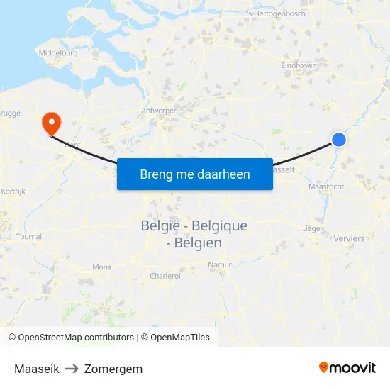 Maaseik to Zomergem map