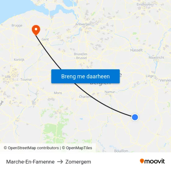 Marche-En-Famenne to Zomergem map