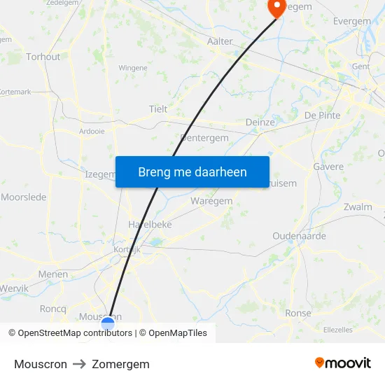 Mouscron to Zomergem map