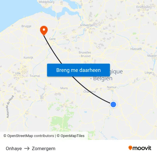 Onhaye to Zomergem map