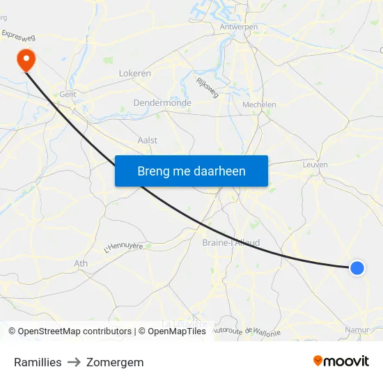 Ramillies to Zomergem map