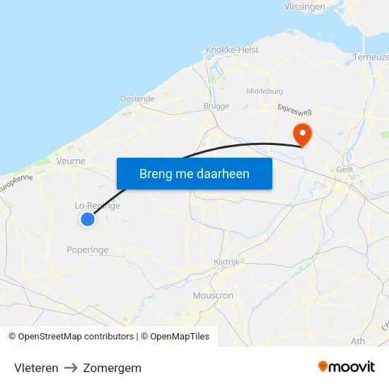 Vleteren to Zomergem map