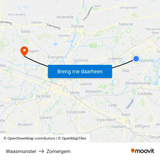 Waasmunster to Zomergem map