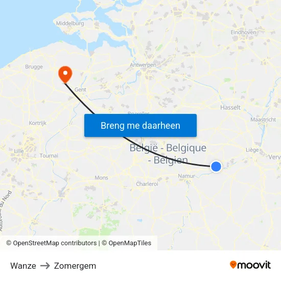Wanze to Zomergem map