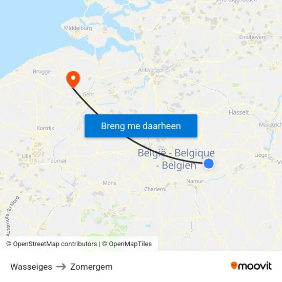 Wasseiges to Zomergem map
