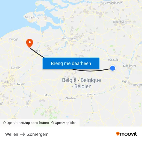 Wellen to Zomergem map