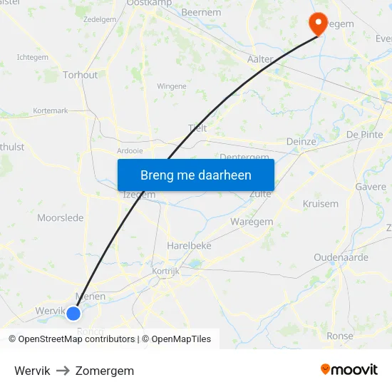 Wervik to Zomergem map