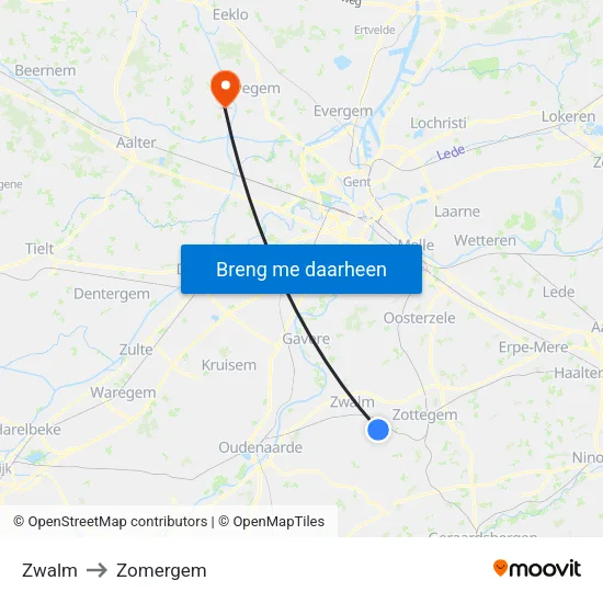 Zwalm to Zomergem map