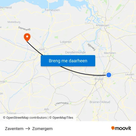 Zaventem to Zomergem map