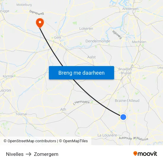 Nivelles to Zomergem map