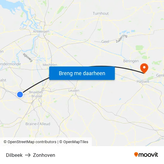 Dilbeek to Zonhoven map