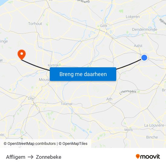 Affligem to Zonnebeke map
