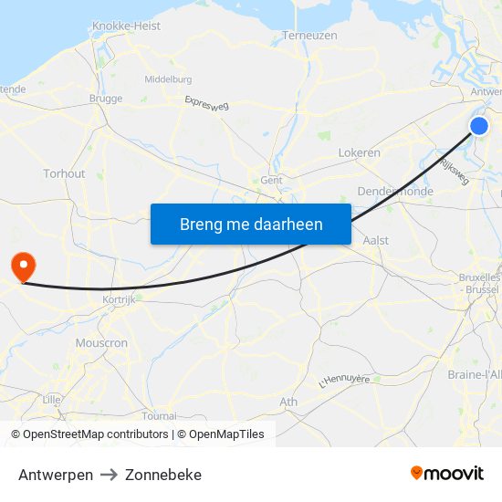 Antwerpen to Zonnebeke map
