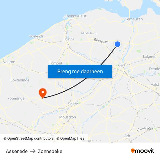 Assenede to Zonnebeke map