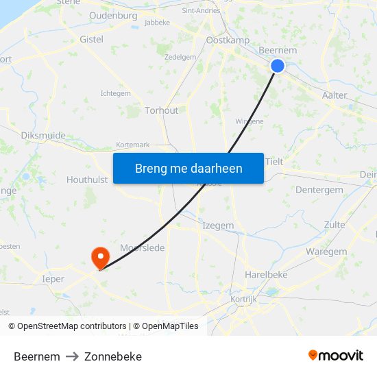 Beernem to Zonnebeke map