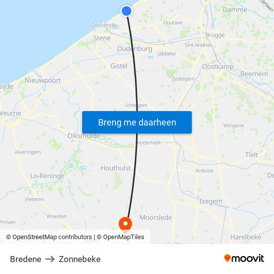 Bredene to Zonnebeke map