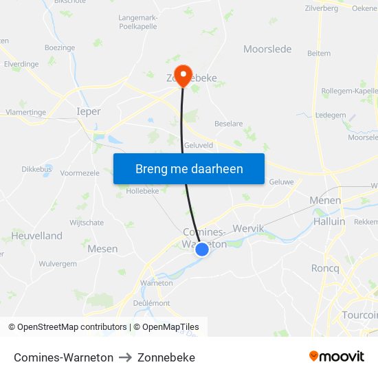 Comines-Warneton to Zonnebeke map