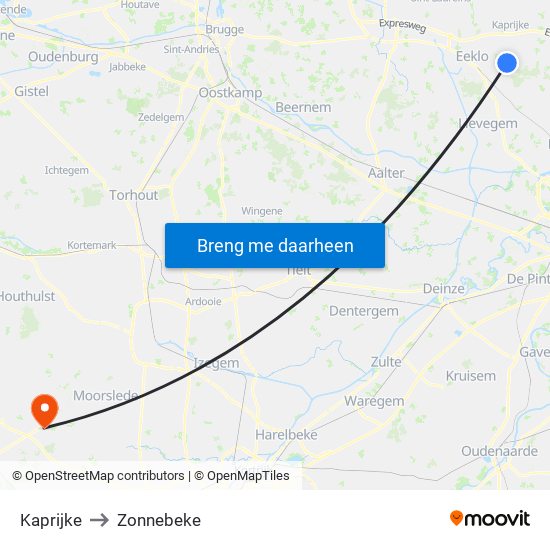 Kaprijke to Zonnebeke map