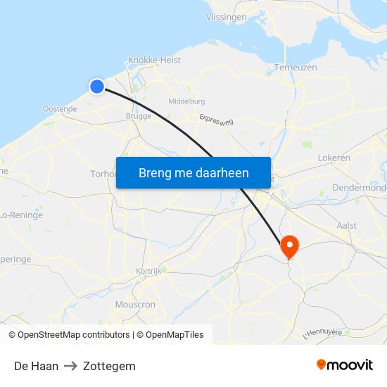 De Haan to Zottegem map