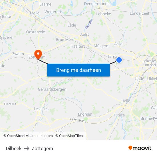 Dilbeek to Zottegem map