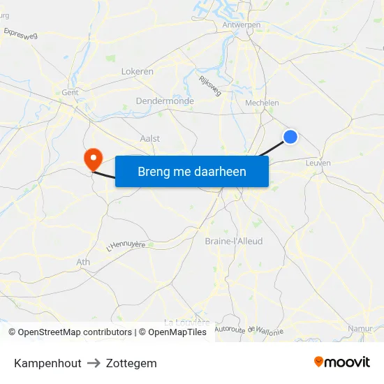 Kampenhout to Zottegem map
