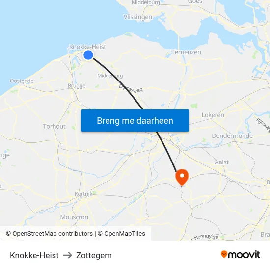 Knokke-Heist to Zottegem map