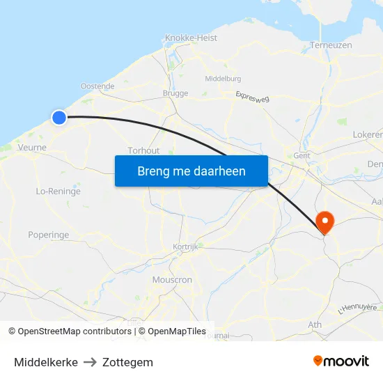Middelkerke to Zottegem map