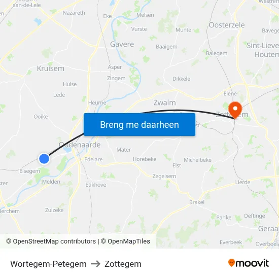Wortegem-Petegem to Zottegem map