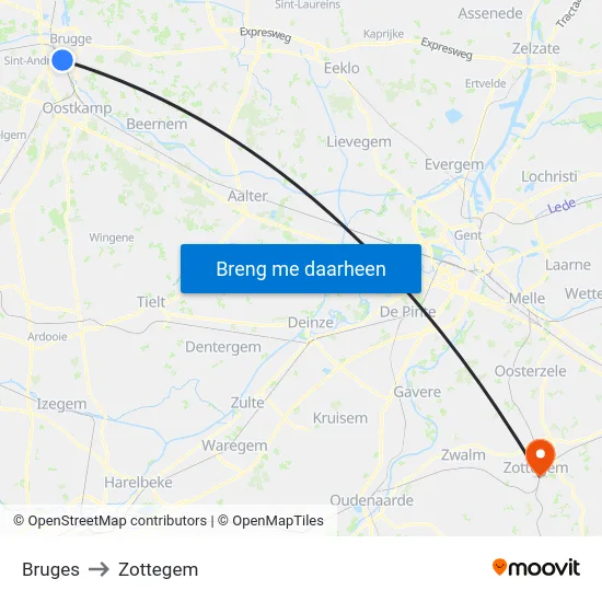 Bruges to Zottegem map