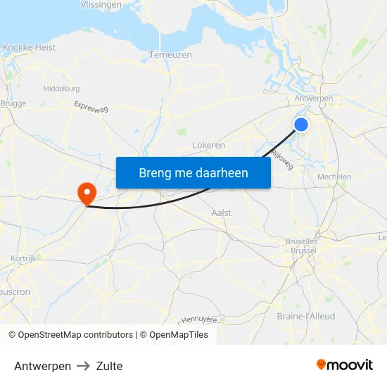 Antwerpen to Zulte map