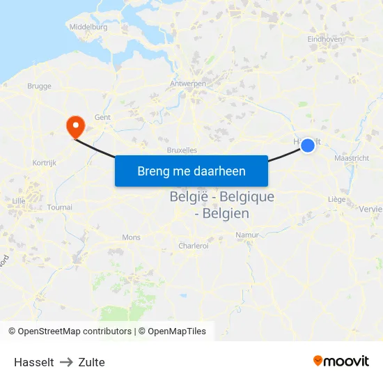 Hasselt to Zulte map