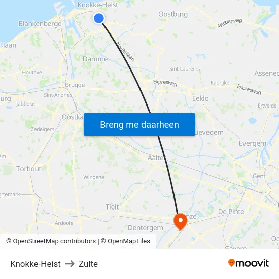 Knokke-Heist to Zulte map
