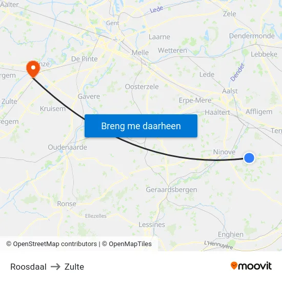 Roosdaal to Zulte map