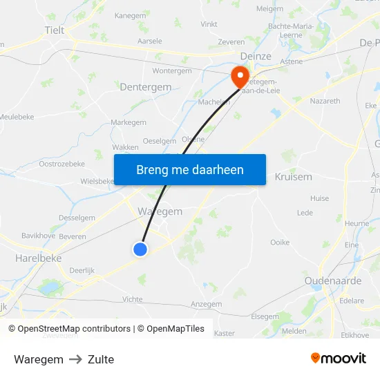Waregem to Zulte map