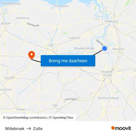 Willebroek to Zulte map
