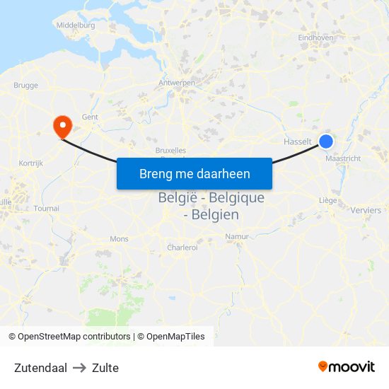 Zutendaal to Zulte map