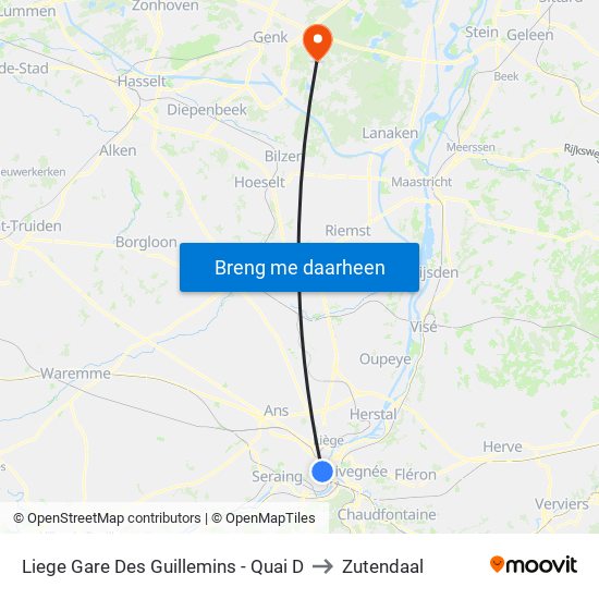 Liege Gare Des Guillemins - Quai D to Zutendaal map