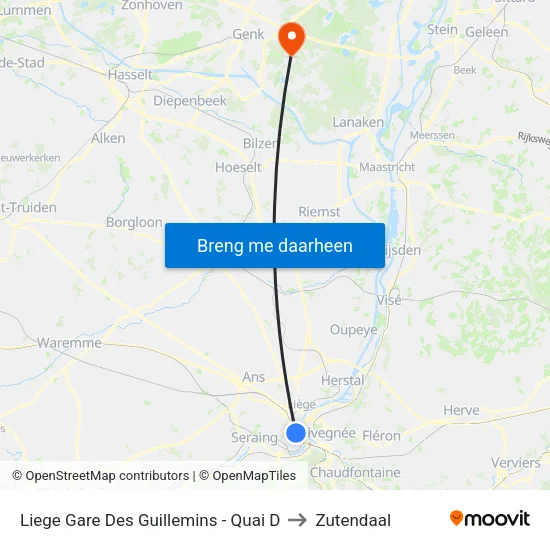 Liege Gare Des Guillemins - Quai D to Zutendaal map