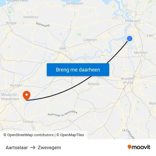 Aartselaar to Zwevegem map