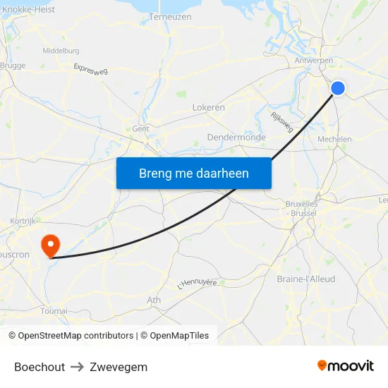 Boechout to Zwevegem map