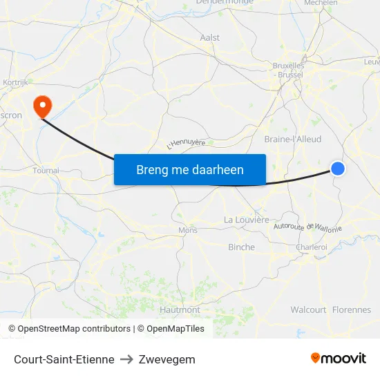 Court-Saint-Etienne to Zwevegem map