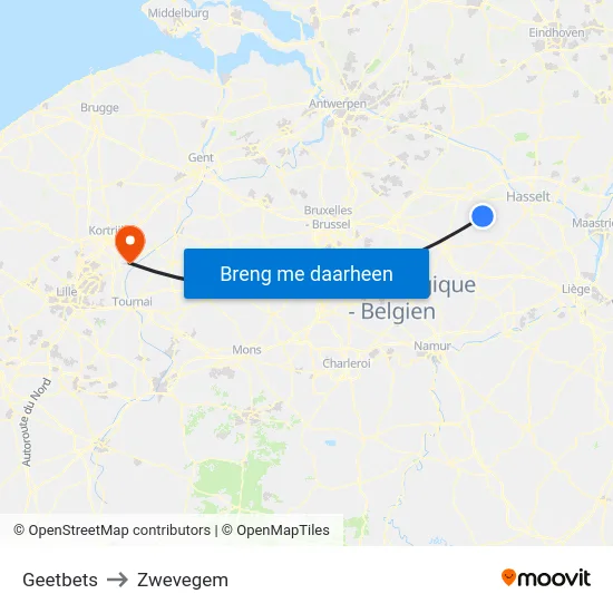 Geetbets to Zwevegem map