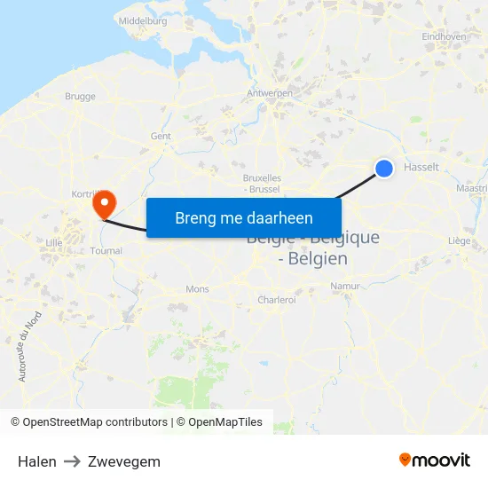 Halen to Zwevegem map