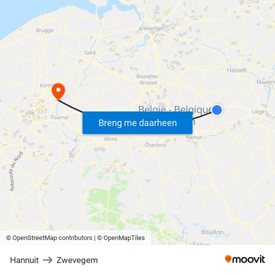 Hannuit to Zwevegem map