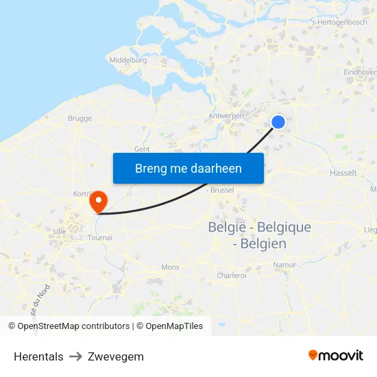 Herentals to Zwevegem map
